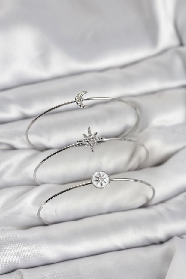 Stylish Silver Color Zircon Stone Pole Star Model 3-Piece Women's Bracelet Combination Teachers Mothers Love