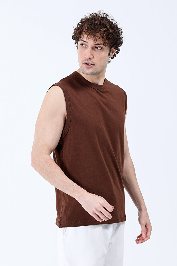 Men's Crew Neck Basic 100% Cotton Sleeveless T-Shirt Brown - 26Y 1000