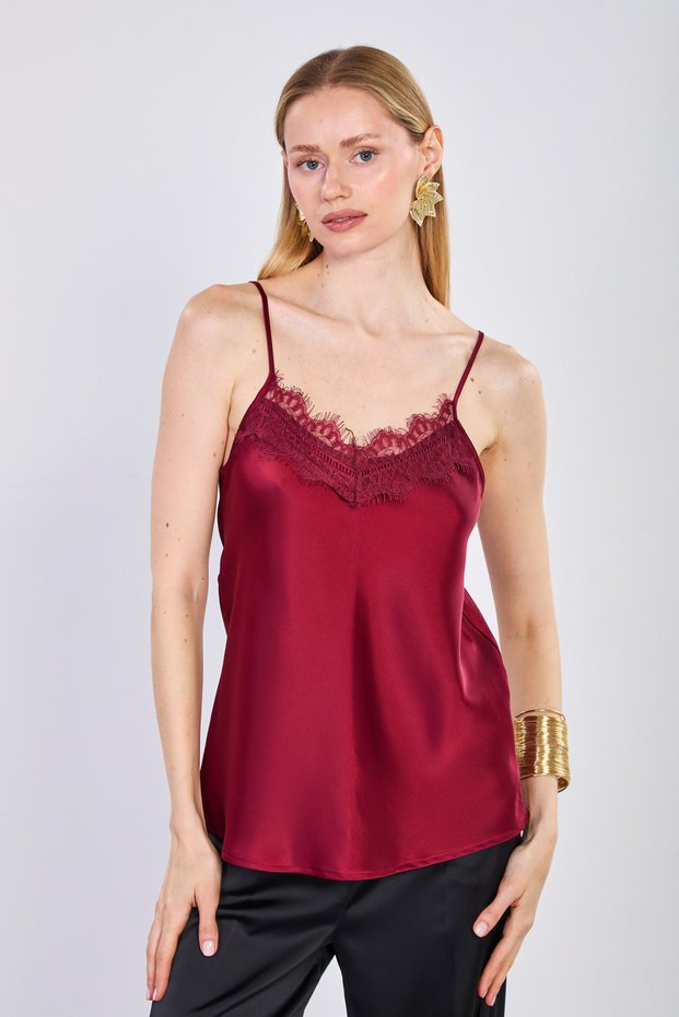 Women's lace front strappy satin blouse - burgundy