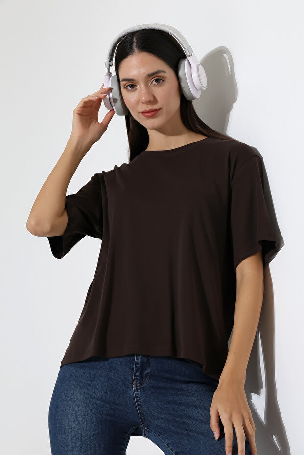 100% Cotton Ribbed Fabric Crew Neck Short Sleeve Oversize Basic Plain Women's T-Shirt 21964 Brown