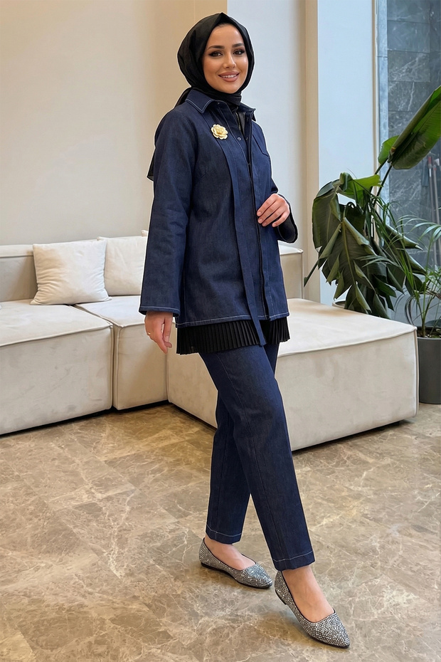 6399 - Stylish and Comfortable Women's Gabardine Jeans and Shirt Set with Thin Fabric Belt