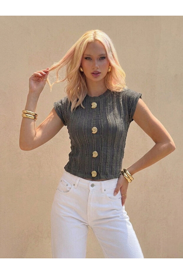 New Product Sleeveless Accessory Detailed Ruffle Fabric Women's Blouse