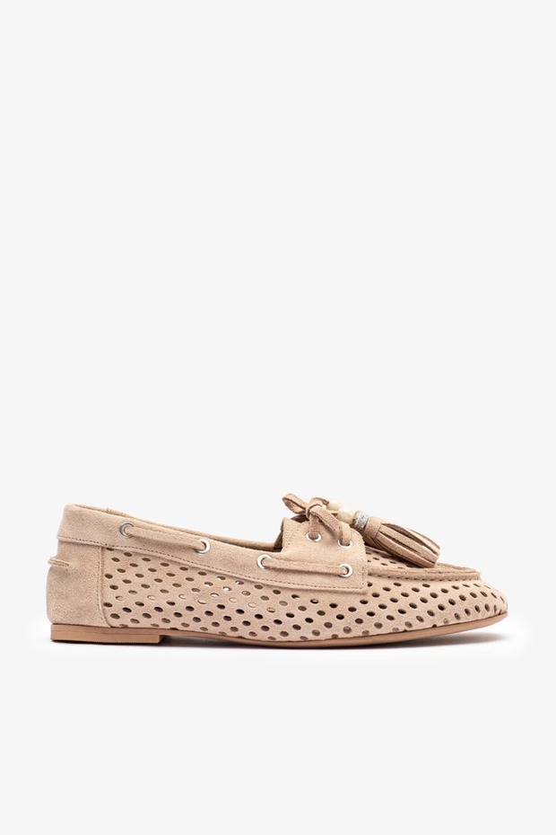 Rocco Beige Suede Leather Women's Perforated Ballerinas