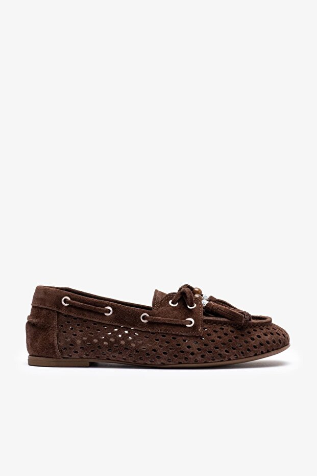 Rocco Brown Suede Leather Women's Perforated Ballerinas