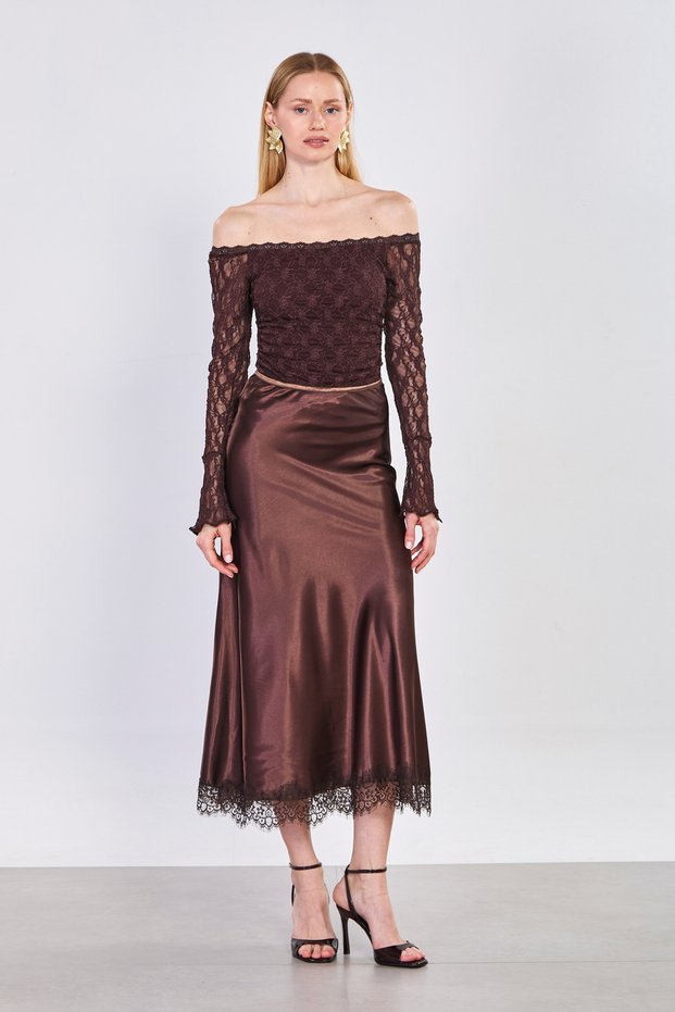 Women's satin skirt with lace hem - bitter brown