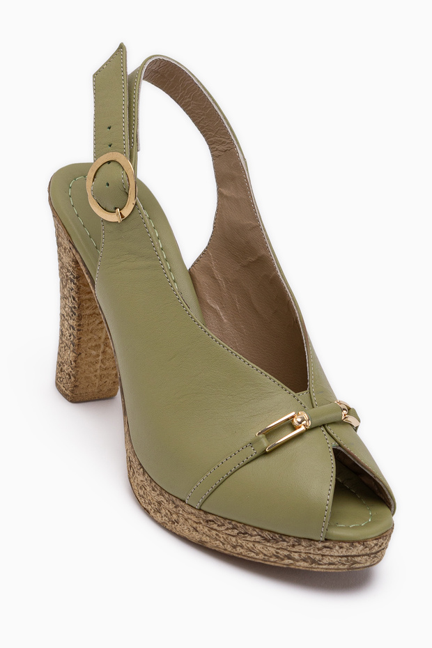Bernis Genuine Leather Green Buckle Platform Heeled Women's Shoes