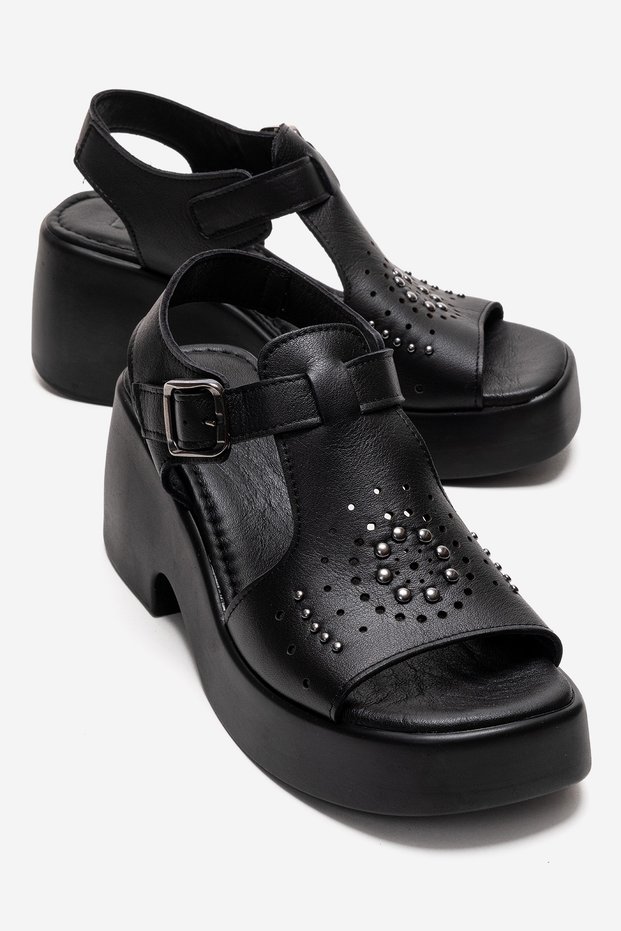 Romina Black Skin Genuine Leather Trocley Women's Platform Heeled Sandals