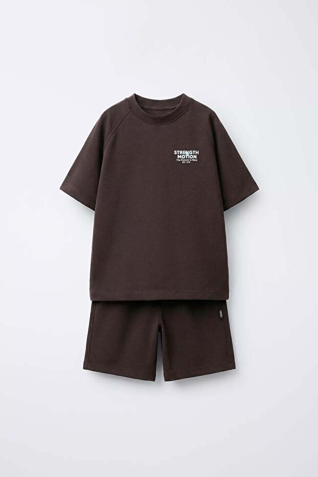 Boy's Cotton Brown Slogan Printed T-Shirt Shorts Set