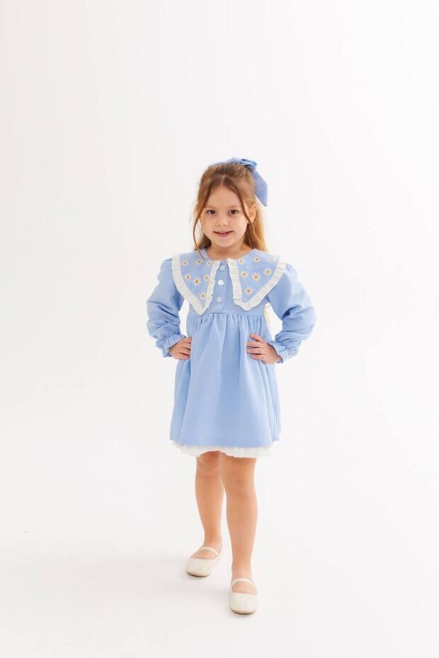 Daisy Embroidered Baby and Girls' Dress - Baby Collar Ruffled Linen Dress