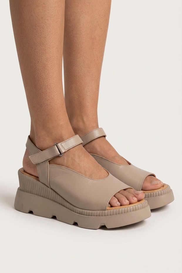 Mink Genuine Leather Platform Heeled Women's Sporty Look Sandals with Ankle Strap, Open Front and Back