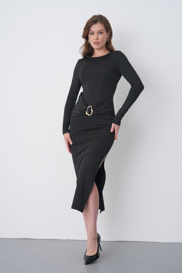 Women's Black Long Sleeve Slit Midi Dress Stylish Evening Dress with Waist Detail and Accessories 77163