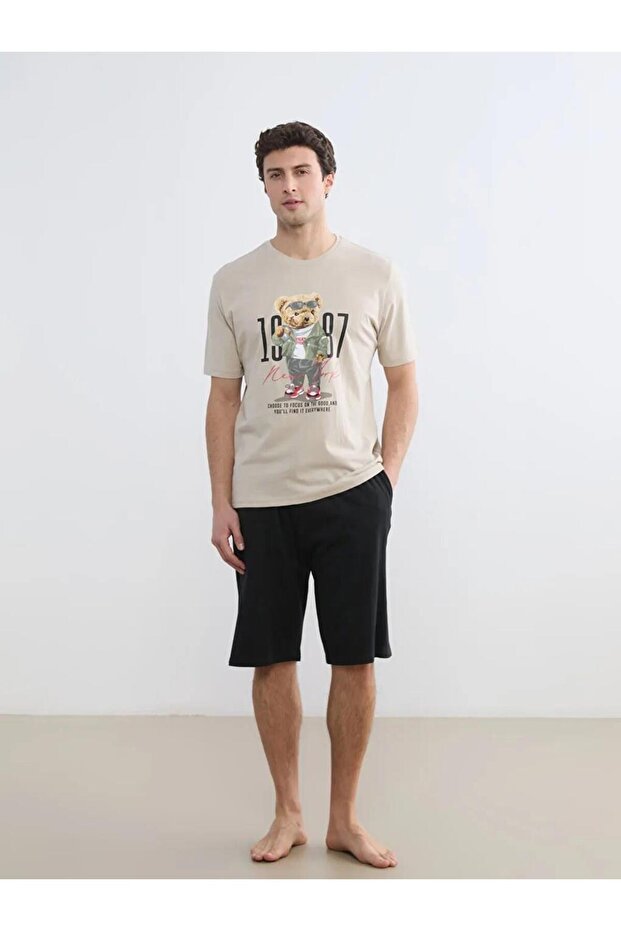 Crew Neck Teddy Printed Men's Shorts Pajama Set (S6)