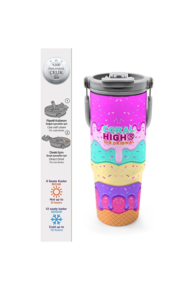 Ice Cream Patterned Thermos with Straw and Direct Drinking Steel Thermos 900 ml 38741