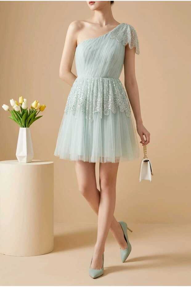 Evening Dress/Mint Green Evening Dress with Stone Detail