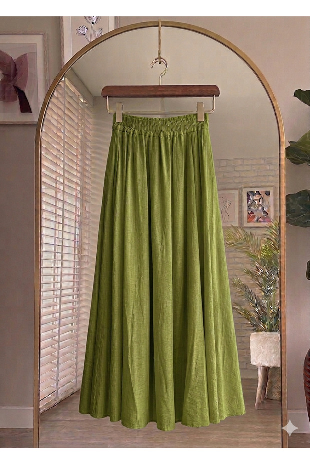 High Waist Elastic Waist Strawberry Fabric Pocket Long Summer Green Skirt