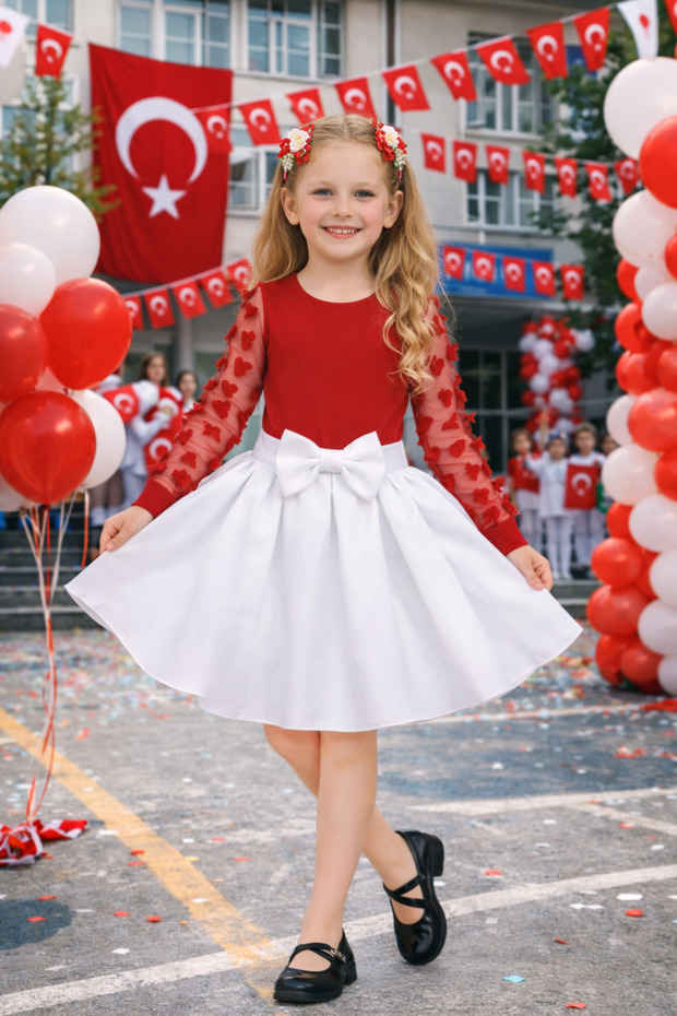 Girl's Red and White Bowknot Set, 5-13 Years Old, Tulle Detailed, Long Sleeve, Stylish Design