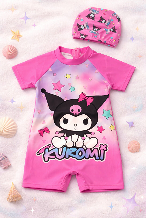 Girl's Kuromi Patterned Blue Full Body Swimsuit and Cap. 2-Piece.