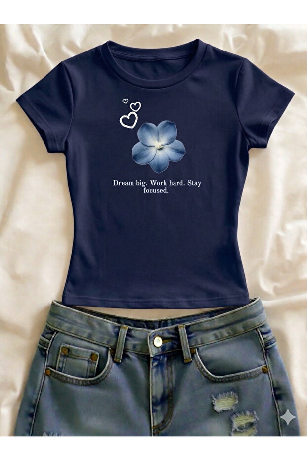Floral Printed Lycra Slim Fit Short Sleeve Crew Neck Tee Crop