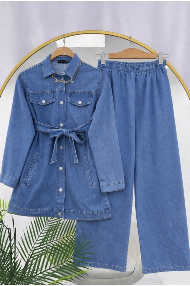 Women's Pocket-Covered Trousers and Jeans Set -0750 (Medium Blue)