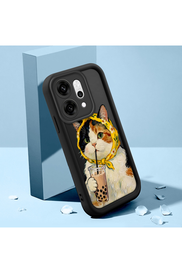 Oppo Reno14 Pro Compatible Silicone Shock-Absorbing Phone Case with Milk Tea Cat Figure