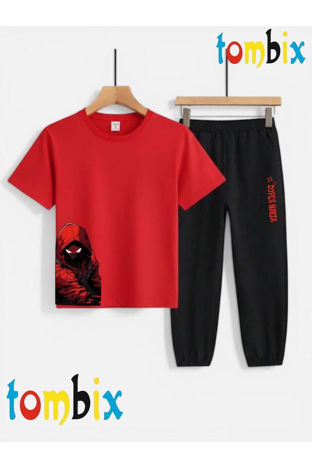 Yandan Ninja Printed T-Shirt and Sweatpants (Sweatpants with Pockets) Children's Top and Bottom Set