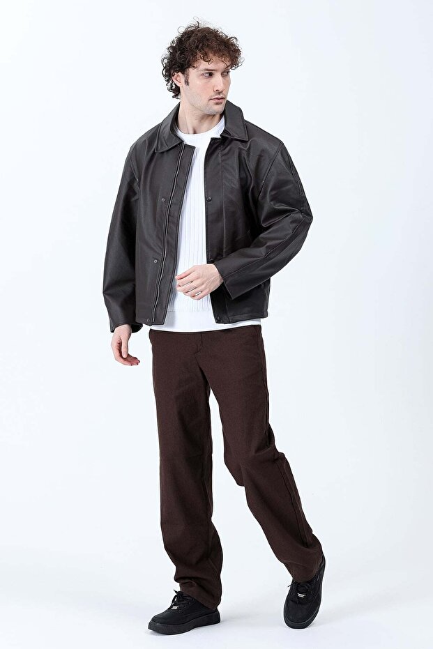 Men's Zippered Double Pocket Leather Jacket Brown - 26Y 99234