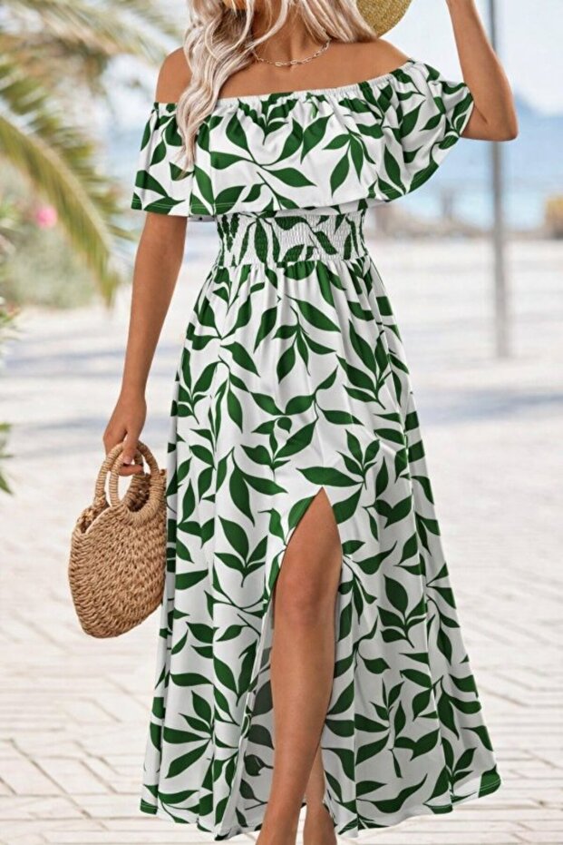 Women's Madonna Collar Elastic Waist Slit Long Patterned Single Jersey Dress