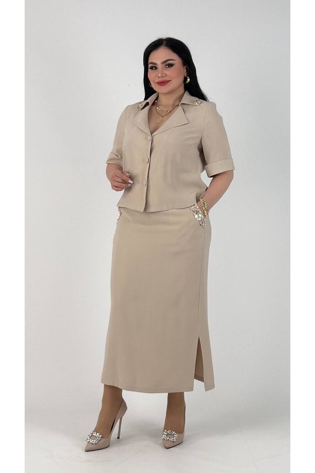 Women's Plus Size Modal Blend Embroidered Shirt Skirt Set Stone