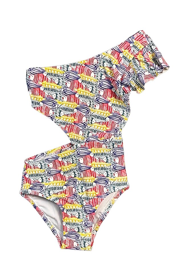 Colorful Fish Illustration Patterned Asymmetrical Cut-Out Girls' Swimsuit