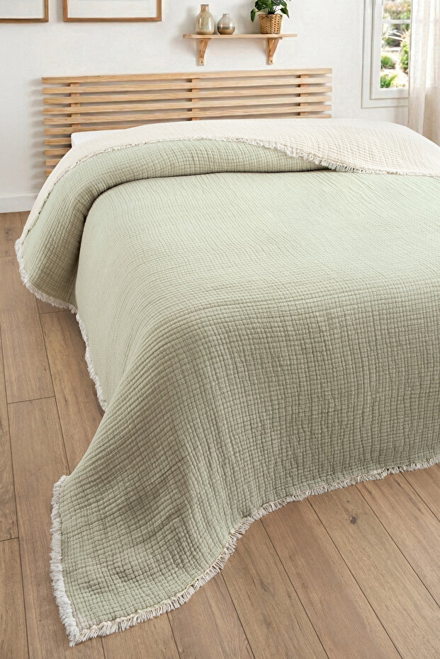 5-Layer Single Muslin Bedspread - Padded, 100% Cotton Quilt - 160X220 cm - Sage Green