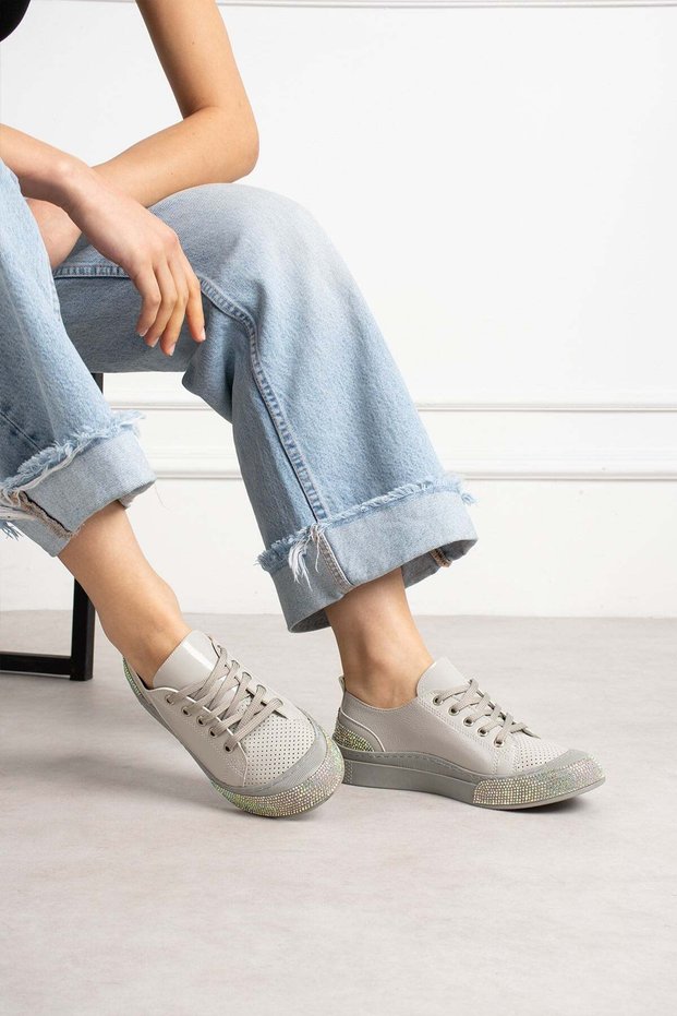 Sawex Women's Sneakers Lace-Up Stoned Sports Shoes Gray Leather