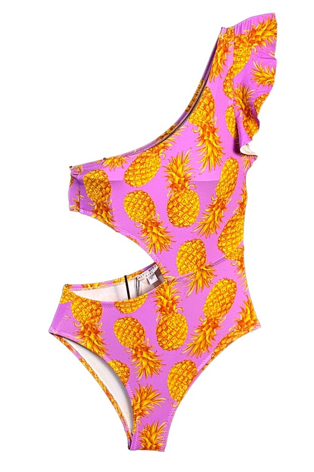 Tropical Fruit Figured Asymmetrical Cut-Out Girls' Swimsuit