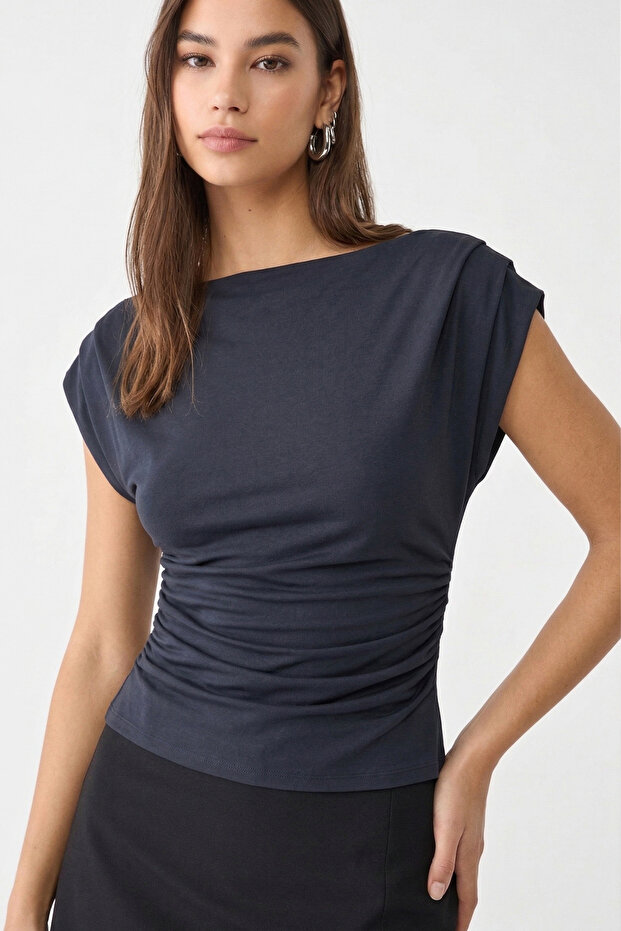 Smoked Draped Boat Neck 97% Cotton Blouse