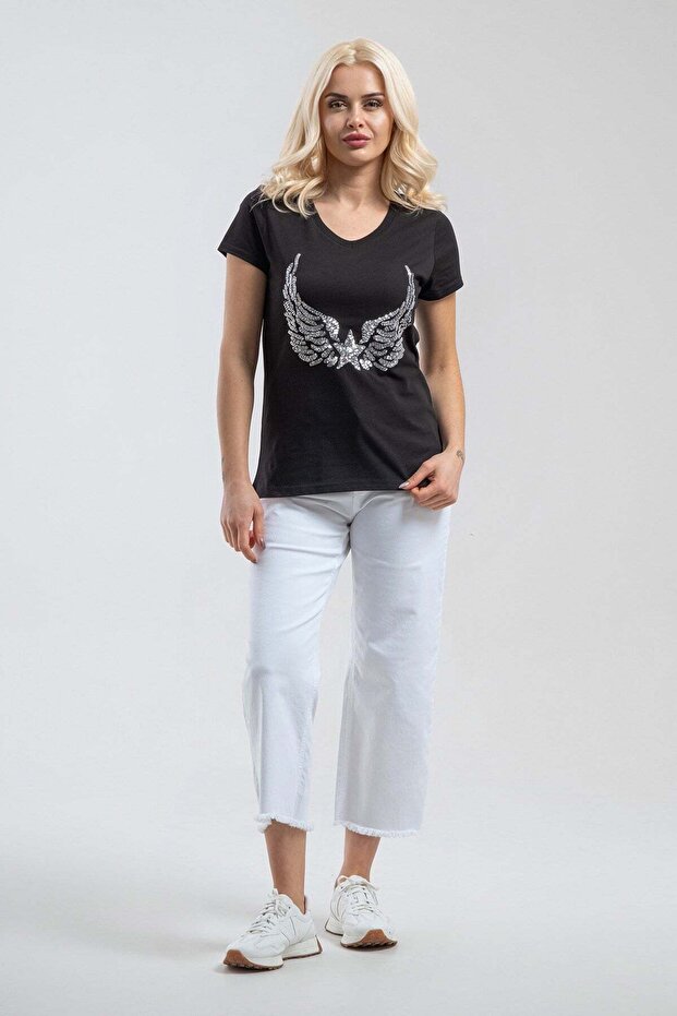 Women's Black Silver Sequin Embroidered Angel Wing Pattern V-Neck T-Shirt