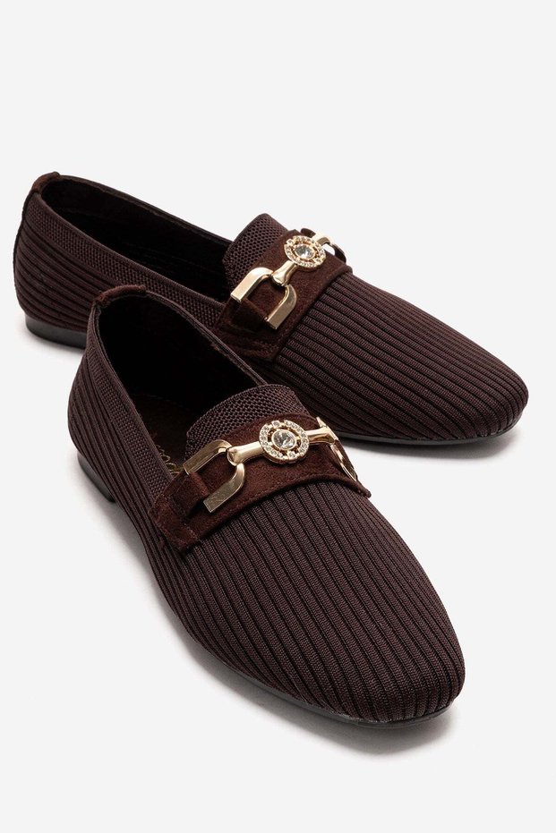 Women's Round Stone Buckle Knitwear Flat Toe Shoes Brown