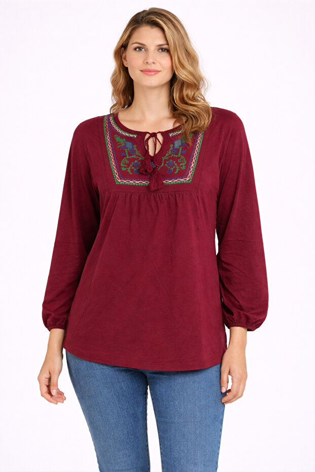 Women's Plus Size Burgundy, Embroidery Detailed, Elasticized Sleeve Hem Cotton Fabric Blouse 65N39328
