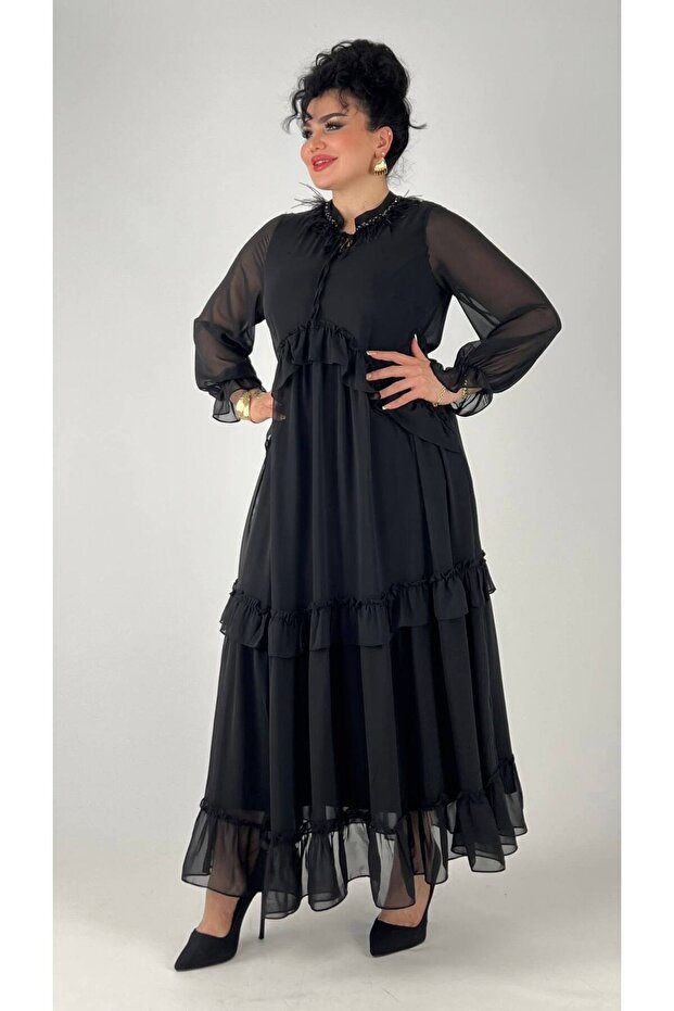 Women's Plus Size Feather Detailed Chiffon Evening Dress Black