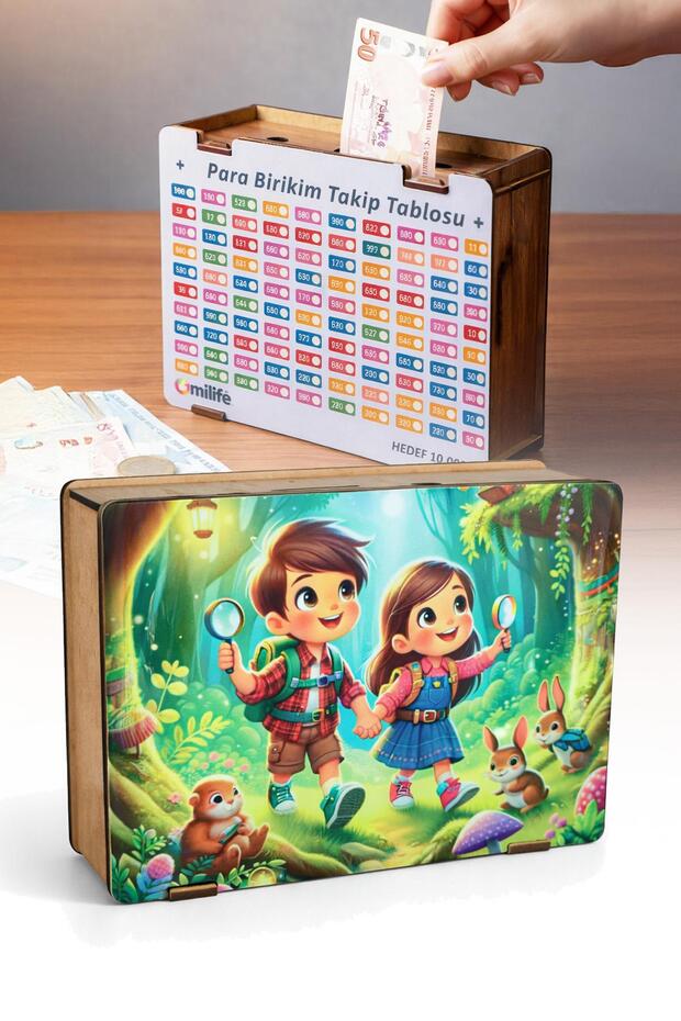 Motivational Pattern Printed Wooden Goal Piggy Bank 10,000 Tl Savings Box Gift 19.5 cm