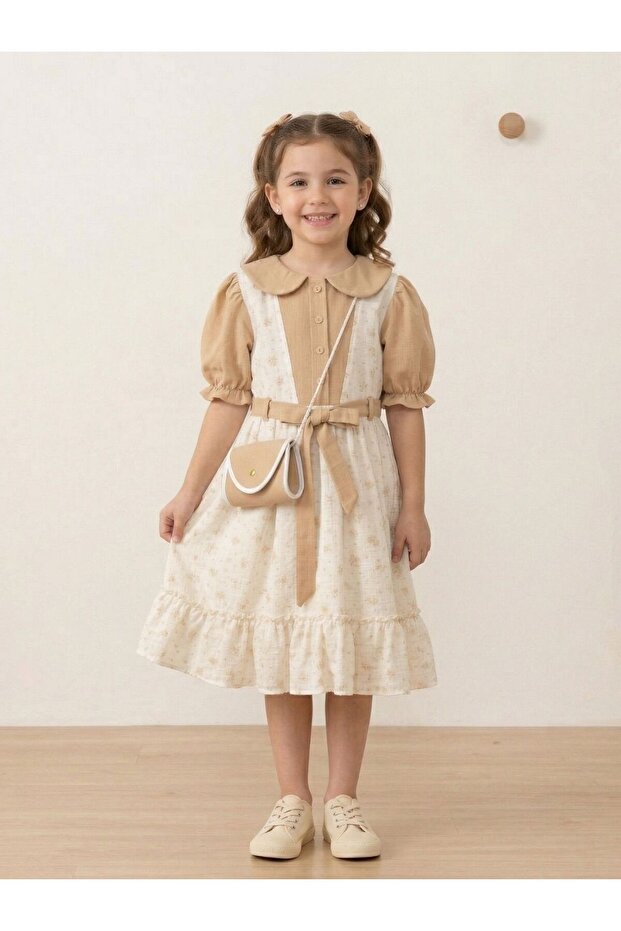 Garnili Flower Patterned Bag Girl's Dress