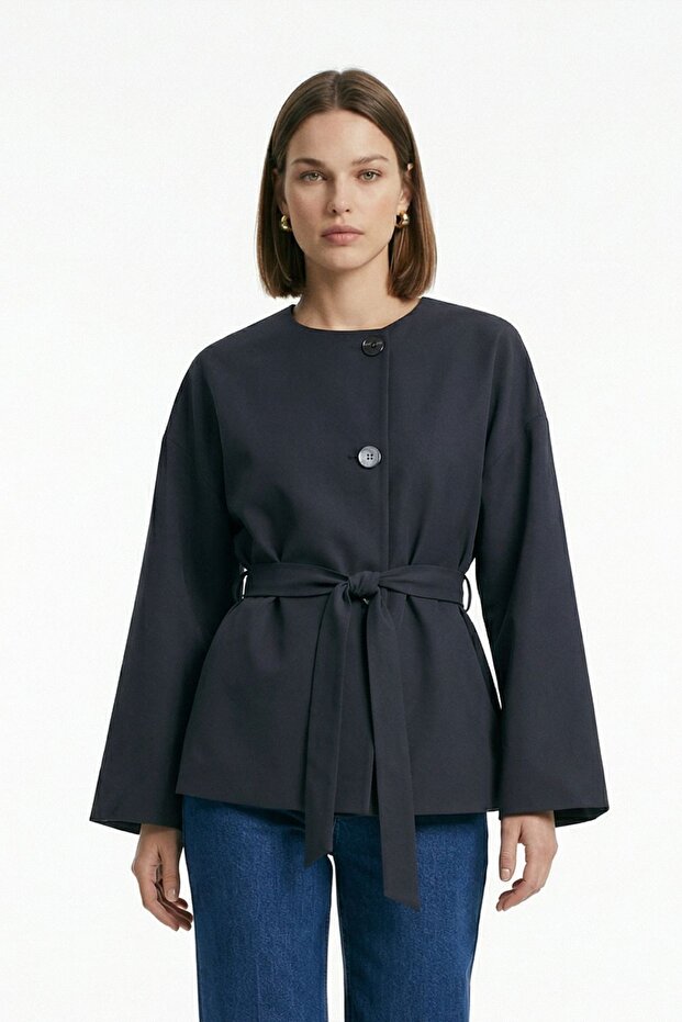 Black Regular Fit Crew Neck Belted Jacket 7672 - 1