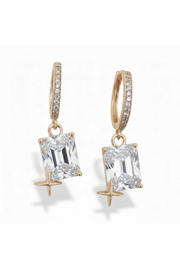 Luxury Design Square Baguette Stone Star Dangle Steel Earrings