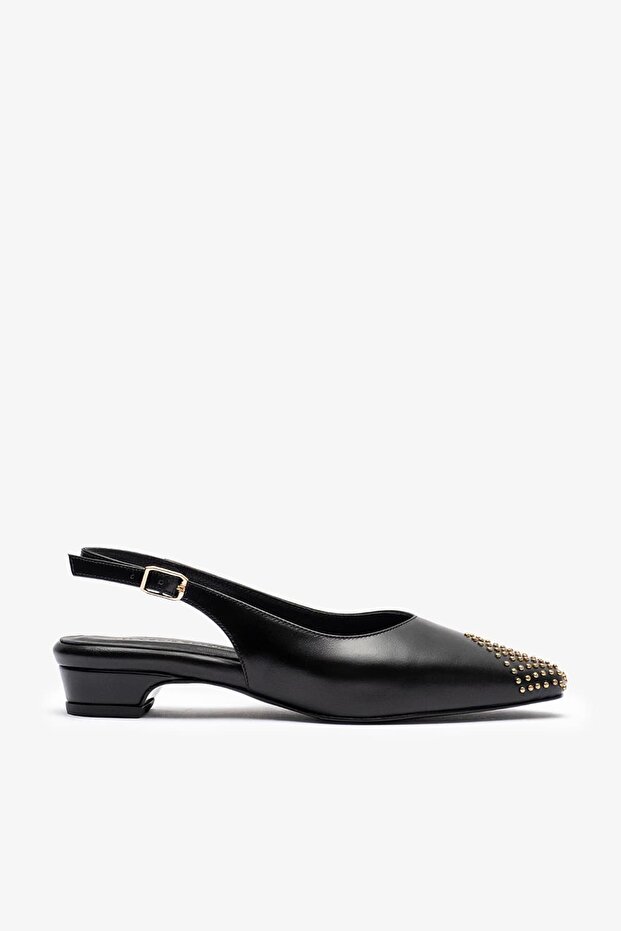 Jimy Black Leather Women's Studded Heeled Shoes