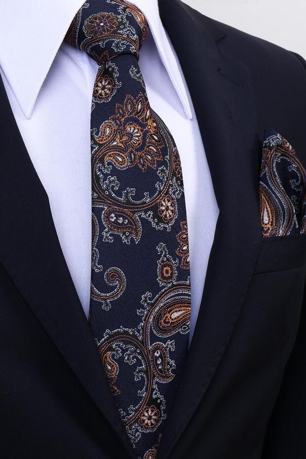 Hand Made 8 cm Shawl Pattern Navy Blue Tile Color Handkerchief Tie