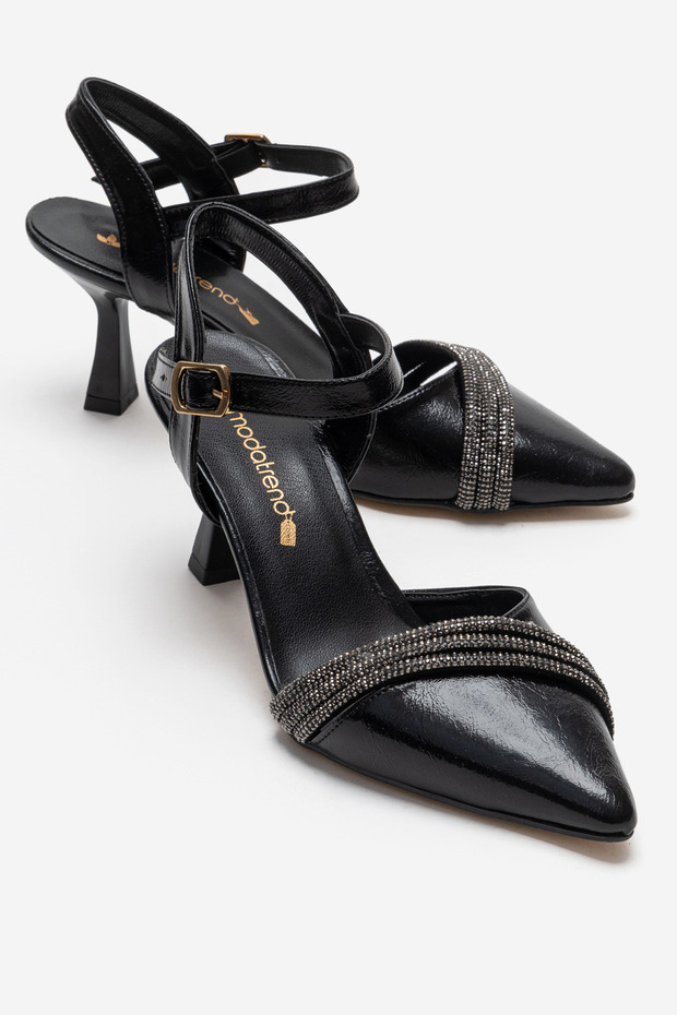 Women's Open-Back Heeled Sandals; Black Wrinkled