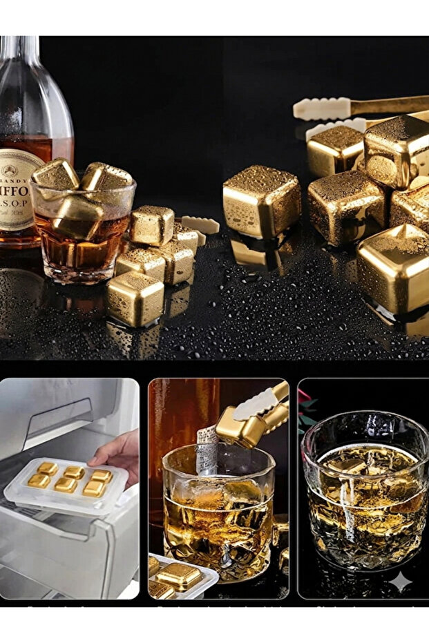 4 Pieces Stainless Steel Ice Mold Whiskey Cooling Stone Reusable Ice Whiskey Stone - Gold