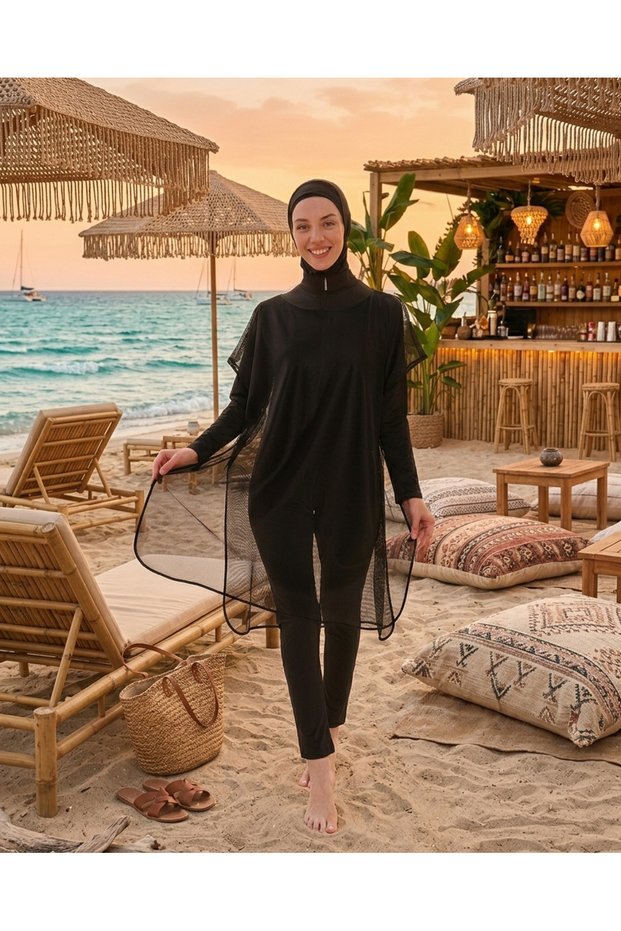 Plus Size High Neck Zippered Undergarment Double Boned Mesh Dress Jumpsuit Women's Hijab Swimsuit