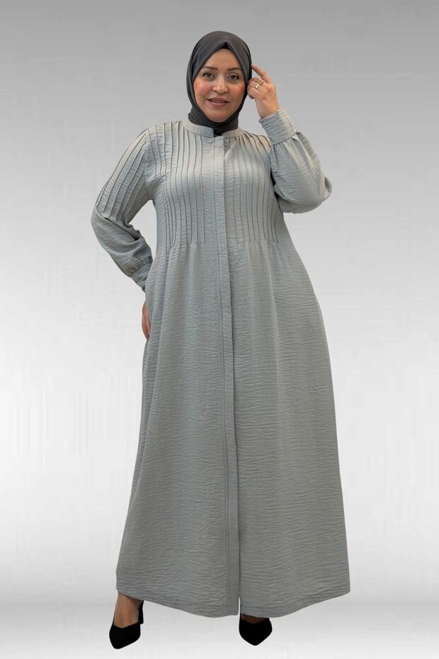 66004 Large Size Pleated Detailed Linen Robe - Gray
