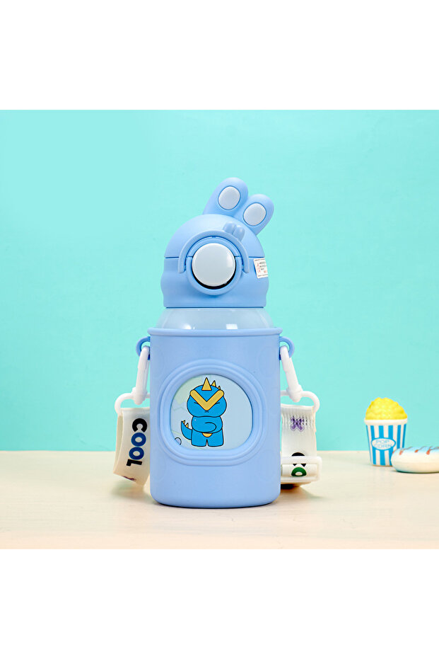 Children's Thermos Bottle with Rabbit Ears - Water Bottle with Straw, Strap, and Thermal Insulation, Blue