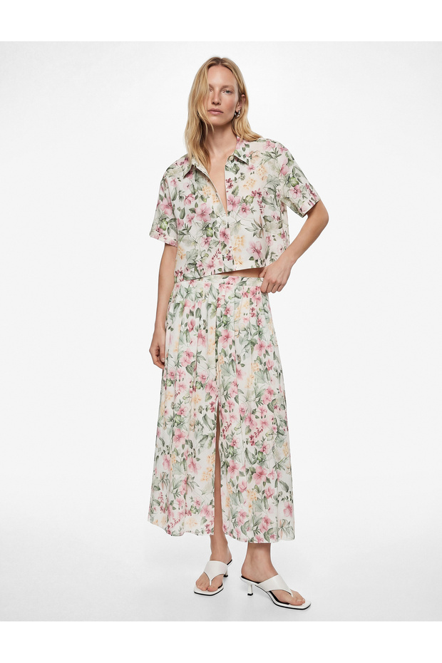 Comfortable Fit Floral Pleated Midi Flared Skirt with Pockets