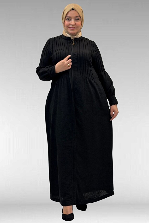 66004 Large Size Pleated Detailed Linen Robe - Black